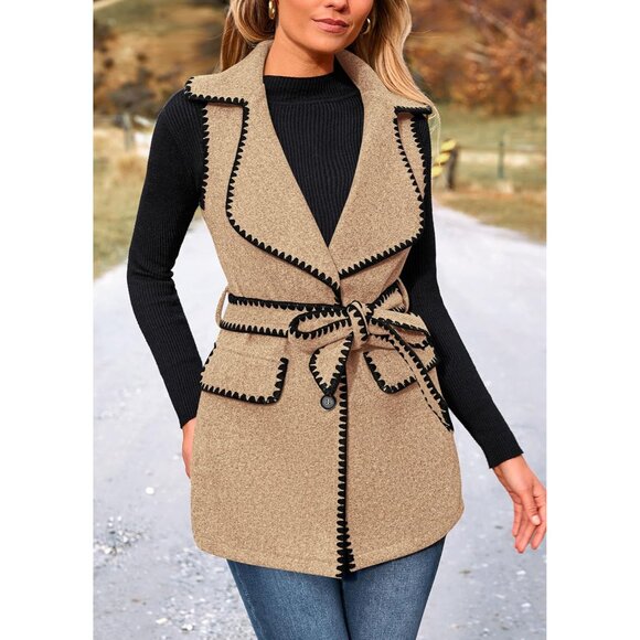 Women's Tweed Vest Outerwear Large Sleeveless Button Belt Fall Winter - Picture 3 of 9
